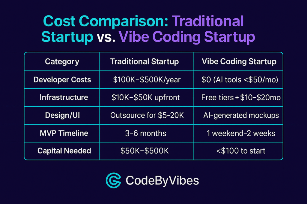 Infographic comparing the cost of a traditional startup versus a vibe coding startup in 2025, showing major savings in developer costs, infrastructure, design, timeline, and capital needed.
