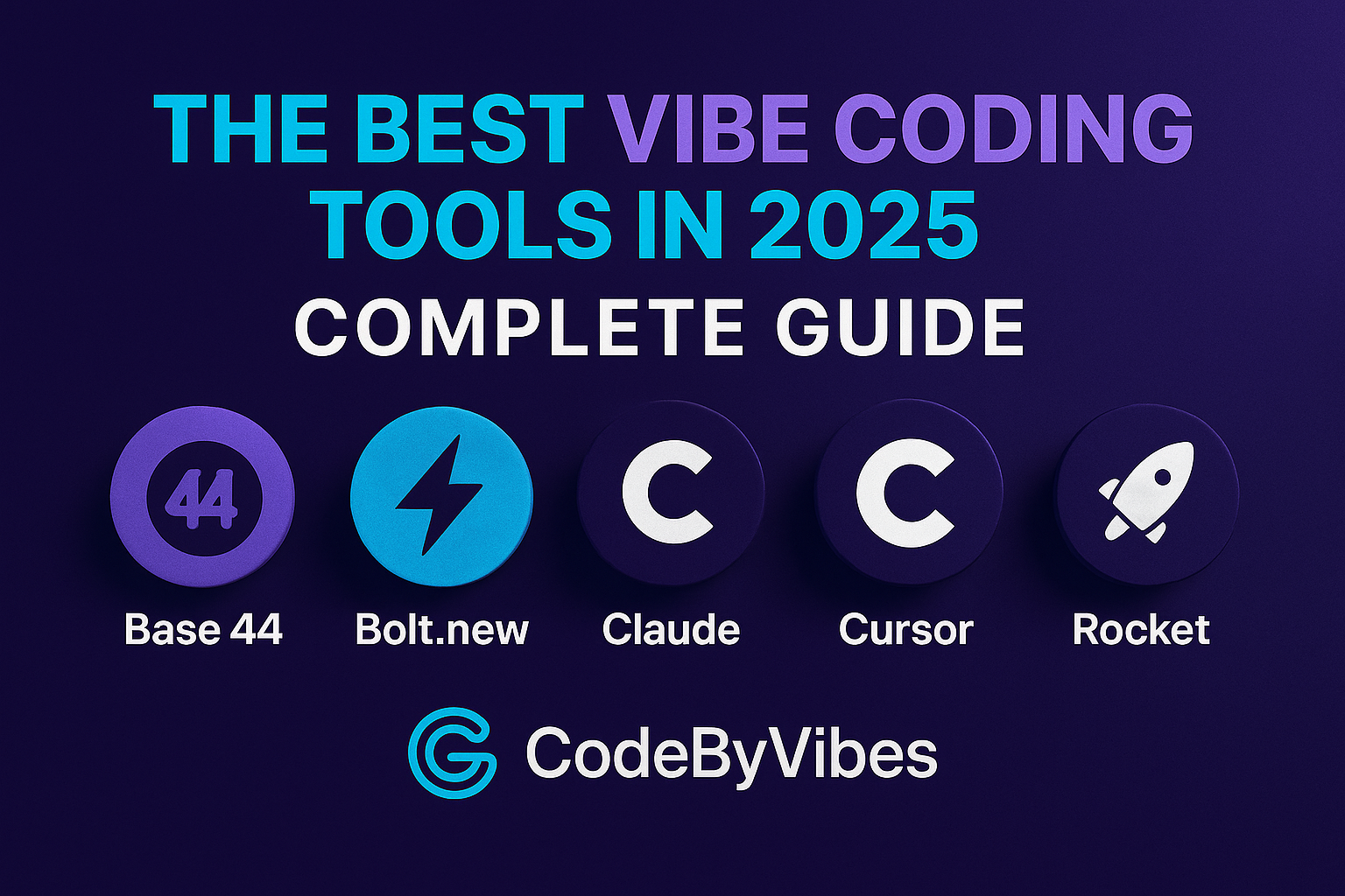 YouTube thumbnail for “The Best Vibe Coding Tools in 2025: Complete Guide,” featuring the CodeByVibes brand gradient with bold neon title text, CodeByVibes logo, and official logos for Base 44, Bolt.new, Claude, Cursor, and Rocket.
