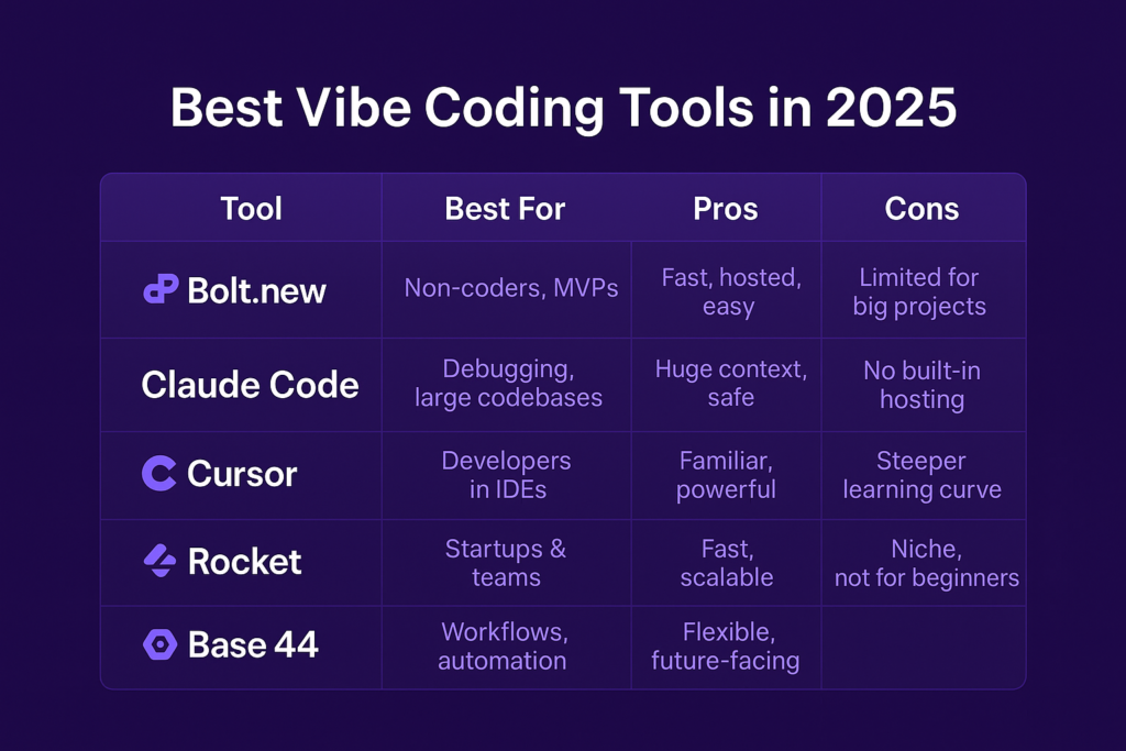 Infographic comparing the best vibe coding tools in 2025, including Bolt.new, Claude Code, Cursor, Rocket, and Base 44, with their best use cases, pros, and cons.