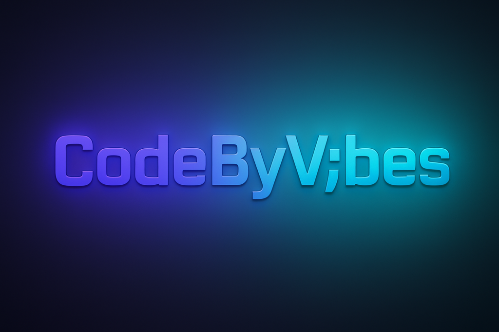 Landscape banner of the CodeByV;bes logo with the “i” replaced by a semicolon, styled in neon purple and teal gradient on a dark textured background.