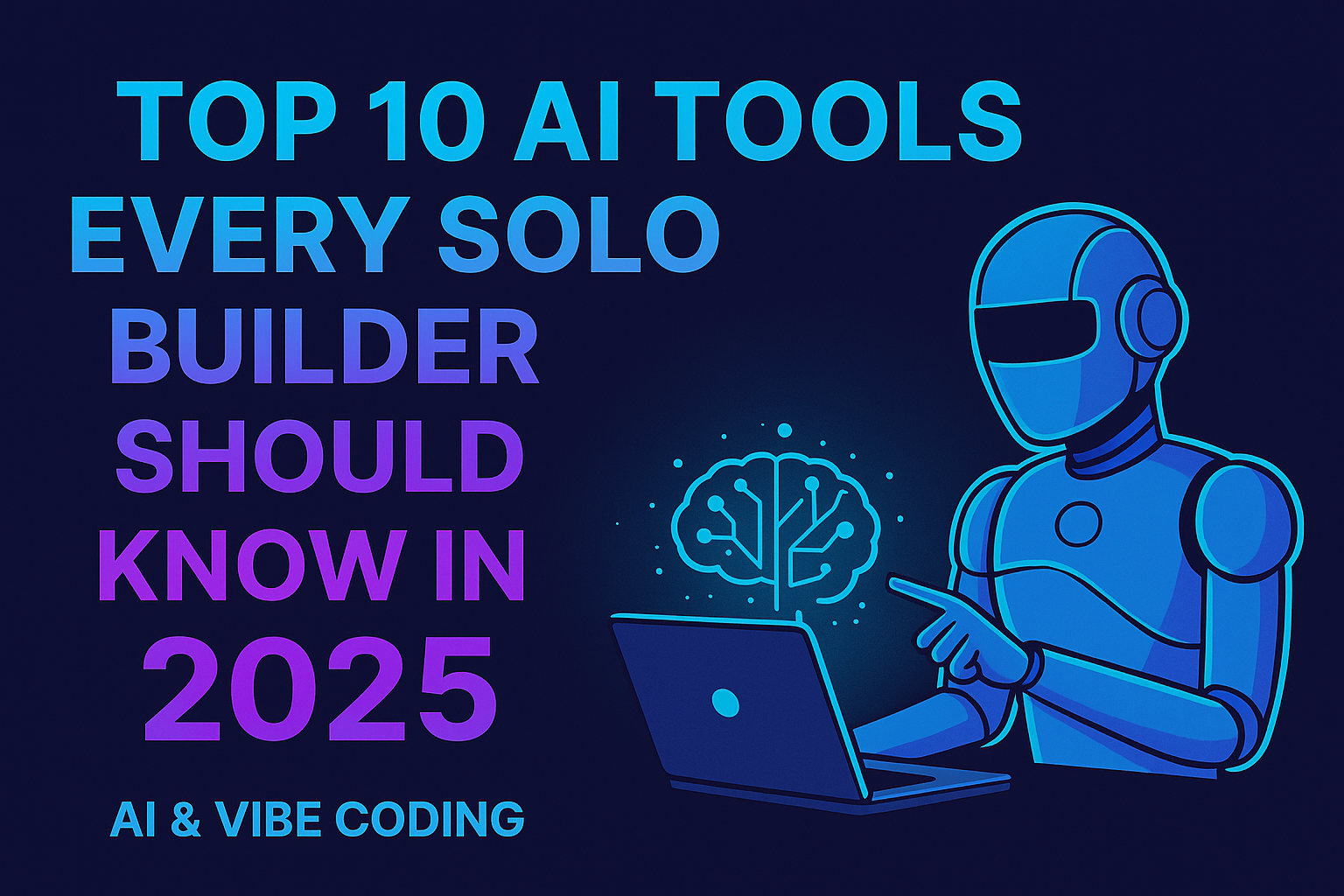Illustration of a futuristic blue robot pointing at a laptop with a glowing brain hologram, alongside bold gradient text reading “Top 10 AI Tools Every Solo Builder Should Know in 2025.”